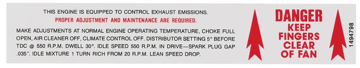 Deville Emissions Decal 1494798 Except Eldorado Fits