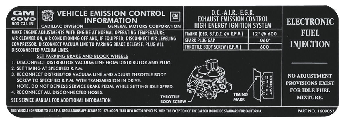 1976 Cadillac Emissions Decal 500 Cid 1609057 Opgi Com