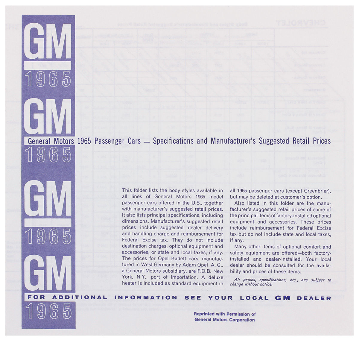 Suggested Retail Price Listing, GM Manufacturers