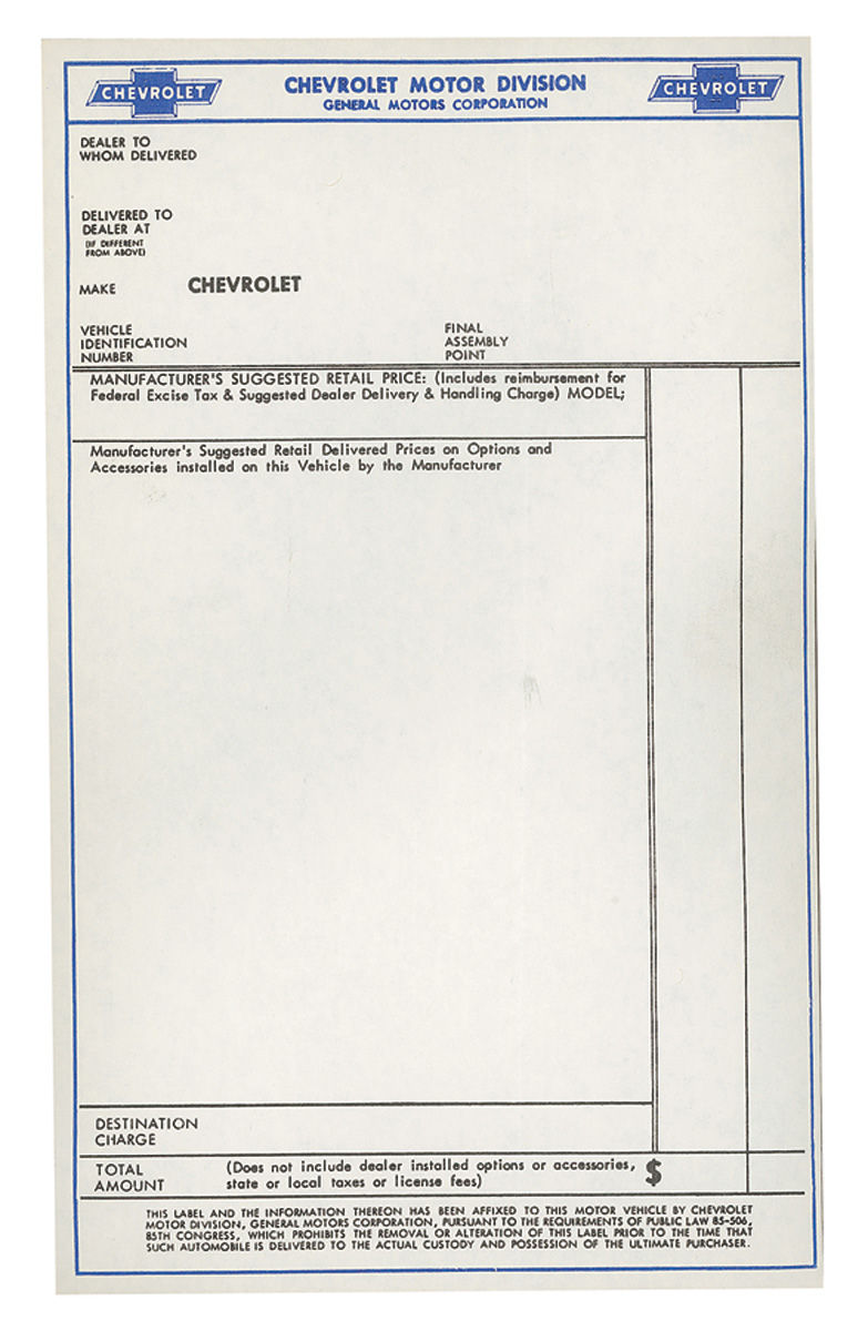 Chevelle New Car Window Sticker Fits 1964 65 Chevelle