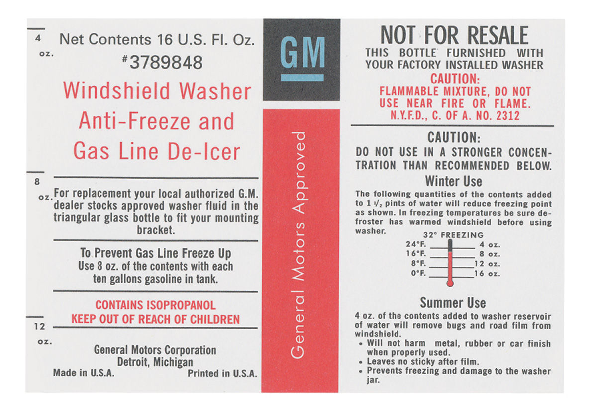 1968 1972 Chevelle Washer Bottle Label Windshield Washer