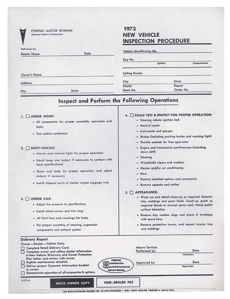 New Car PreDelivery Inspection Sheet