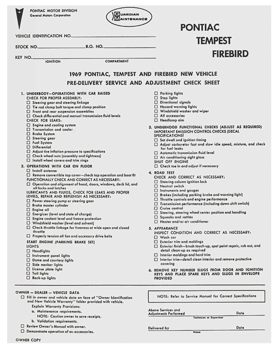 New Car PreDelivery Inspection Sheet Fits 1969 Tempest