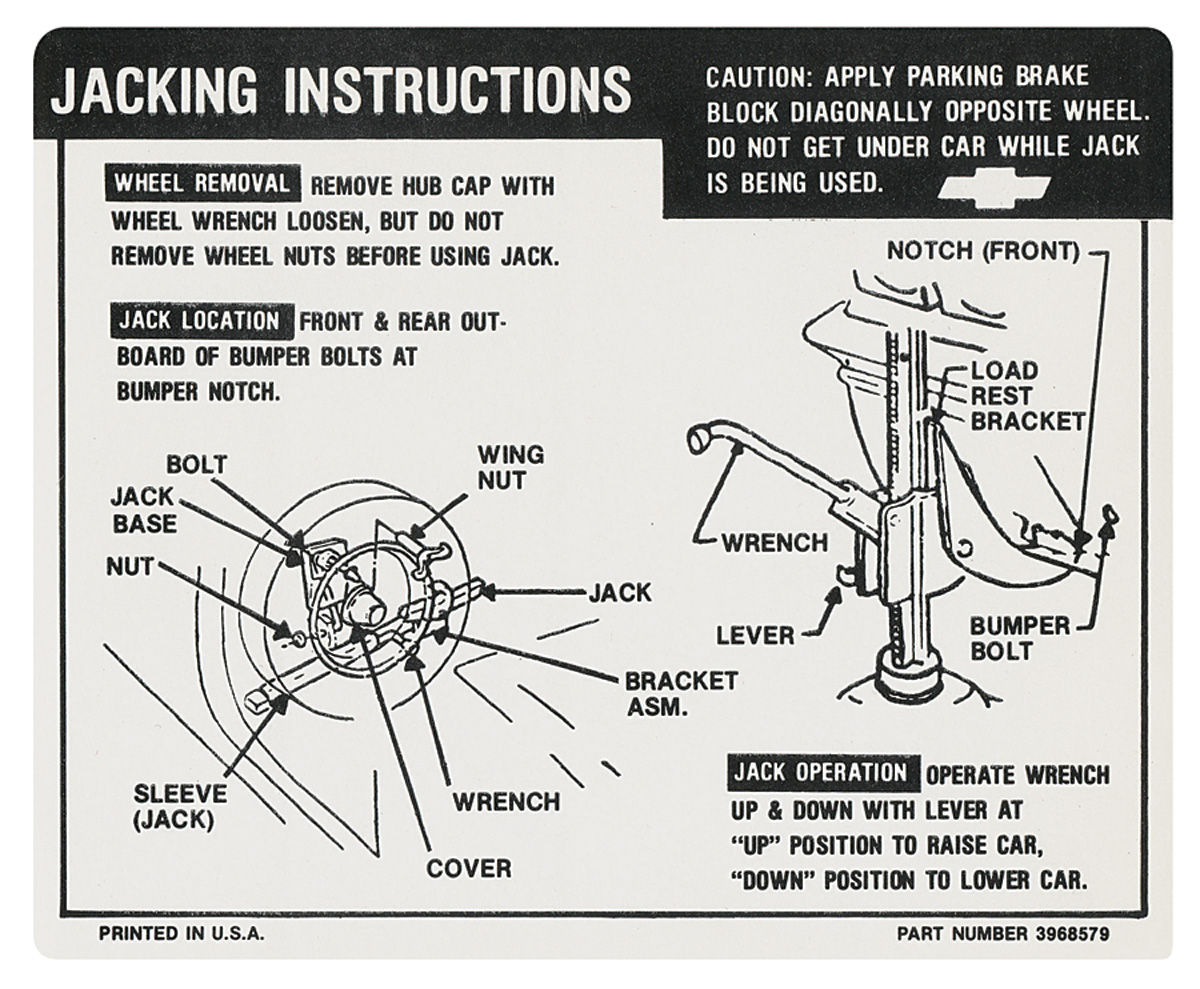 Jacking Instruction Decal El Camino Ss 3968579 Fits