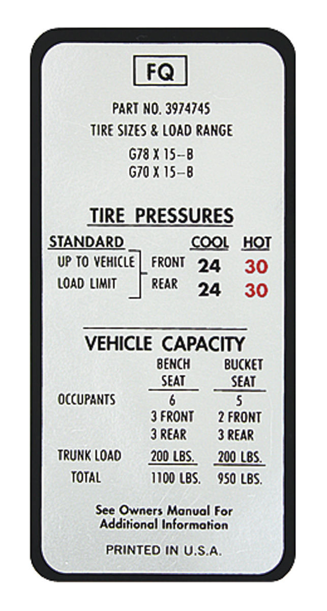 1970 Monte Carlo Tire Pressure Decal Fq 3974745 Opgi Com