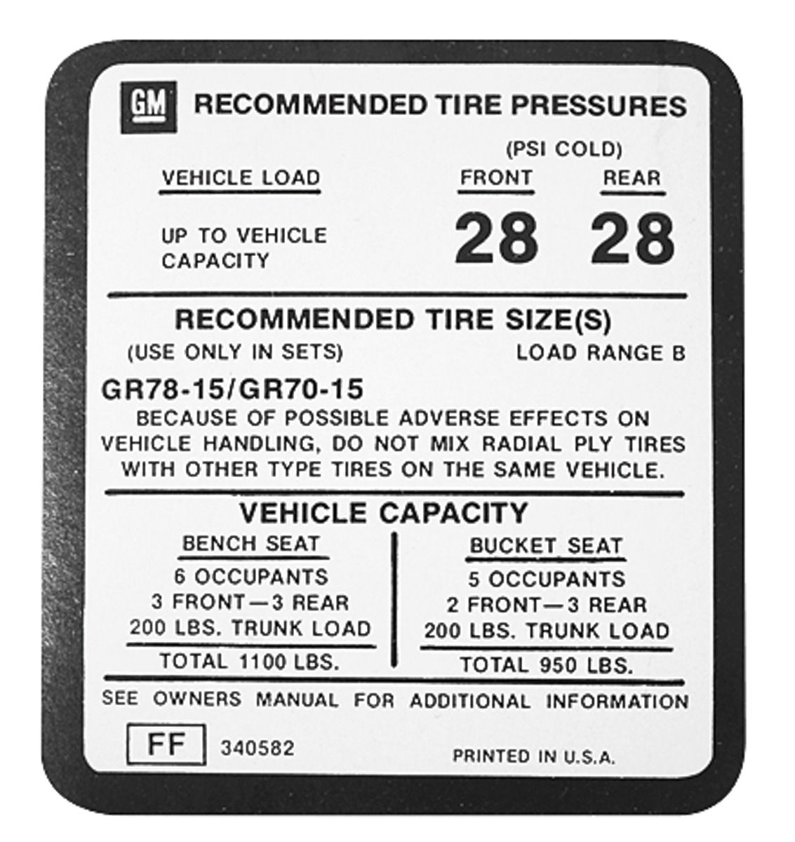 1975 77 Monte Carlo Tire Pressure Decal Ff 340582