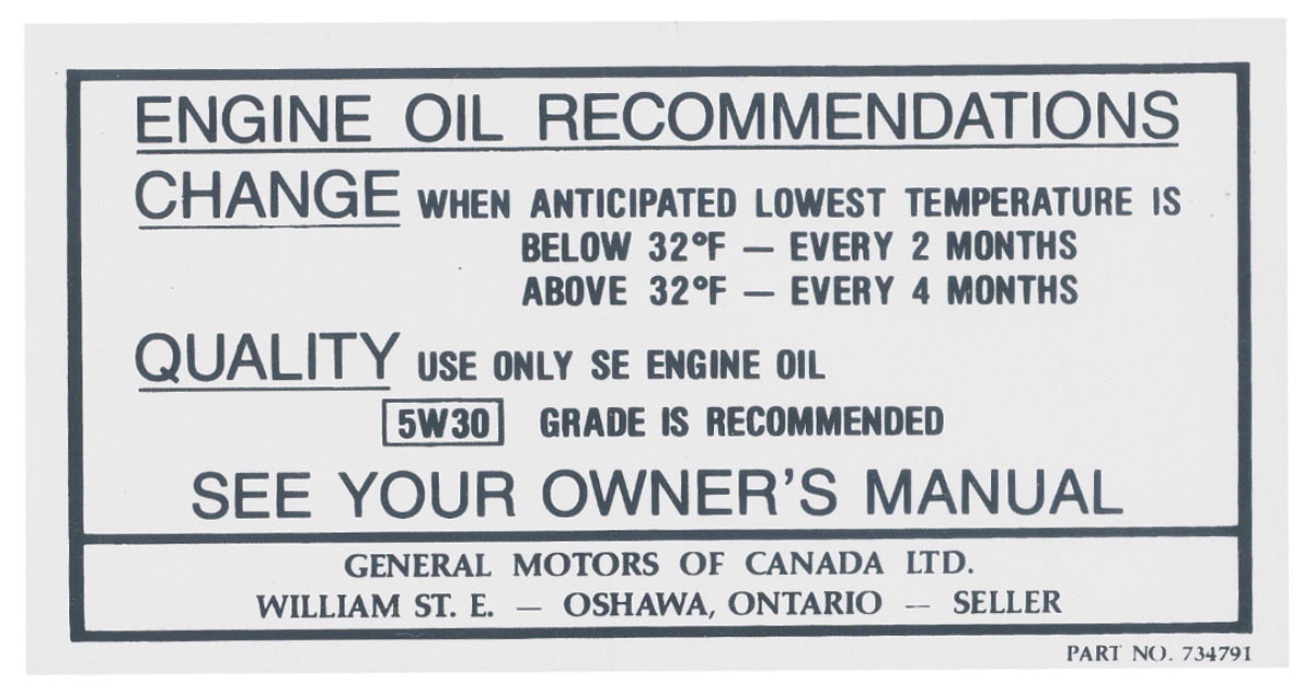 1968 69 Skylark Engine Compartment Decal Canada Oil