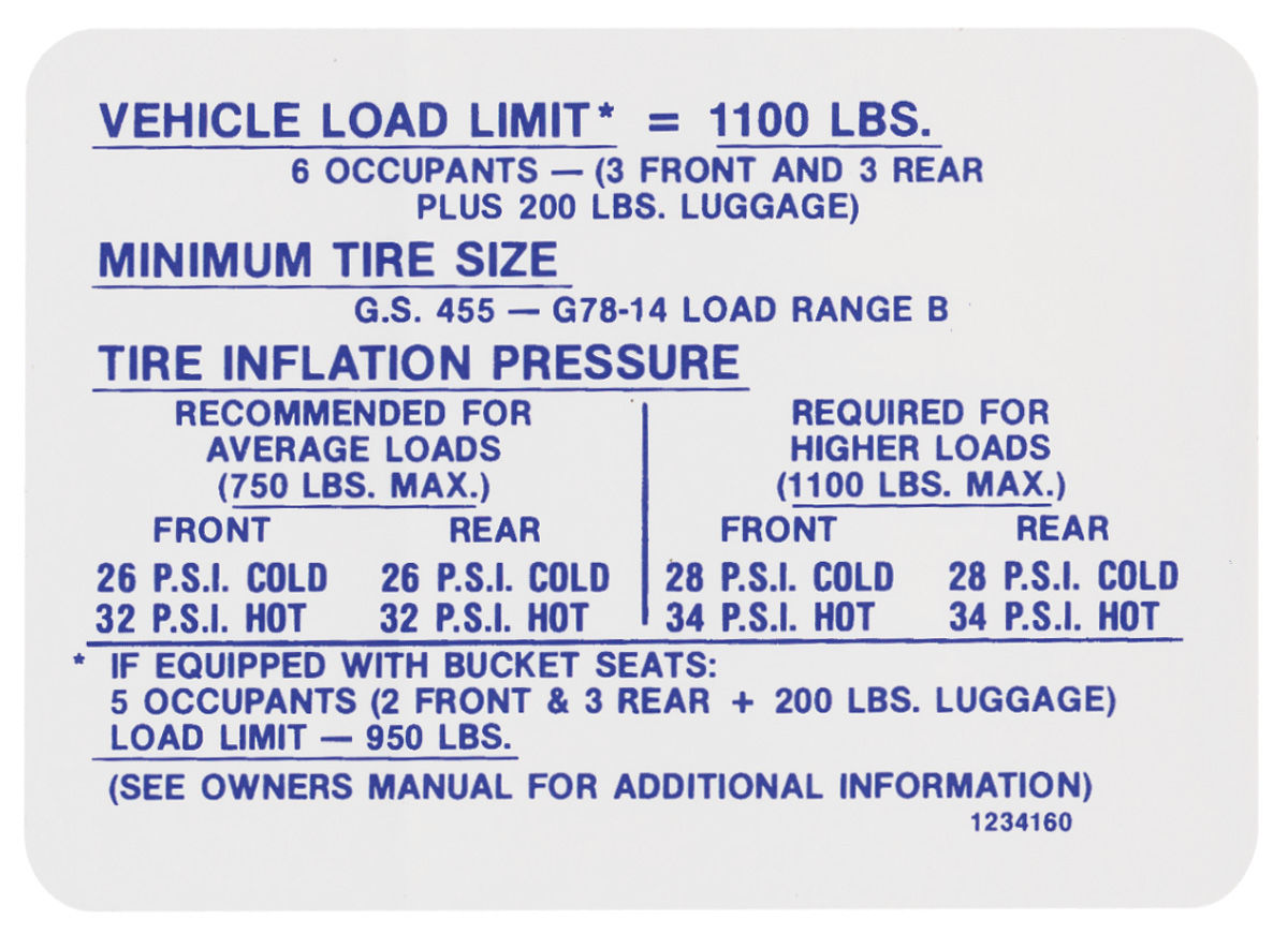 1970 Skylark Tire Pressure Decal Gs455 1234160 Opgi Com